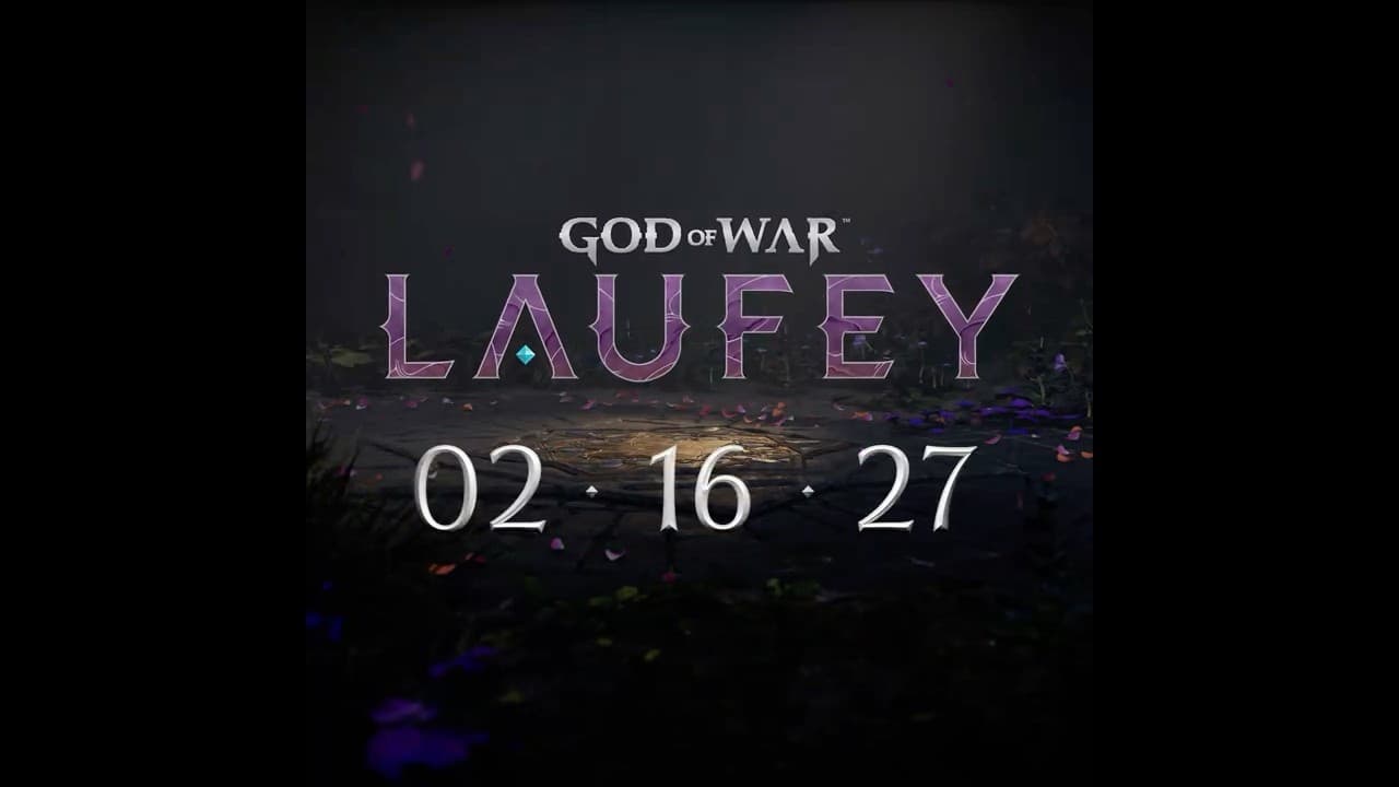 Carton officiel de God of War Laufey affichant la date 02.16.27 sur un fond sombre.