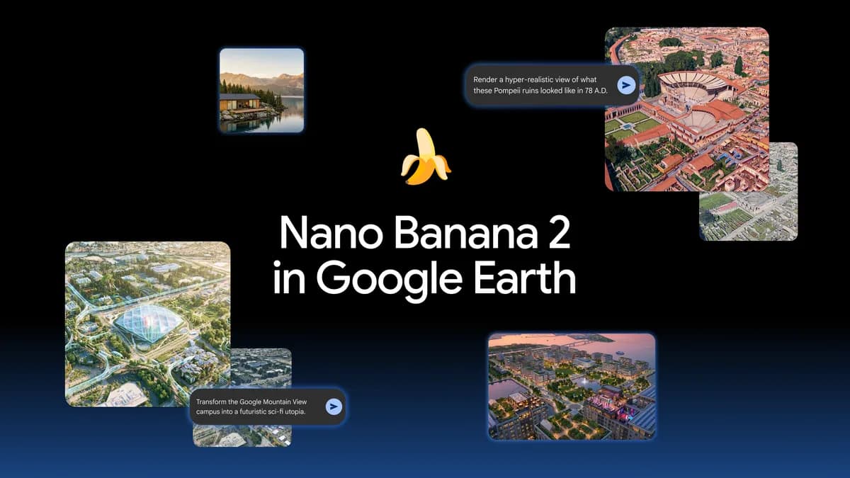 Visuel officiel présentant Nano Banana 2 dans Google Earth avec plusieurs transformations géographiques générées.