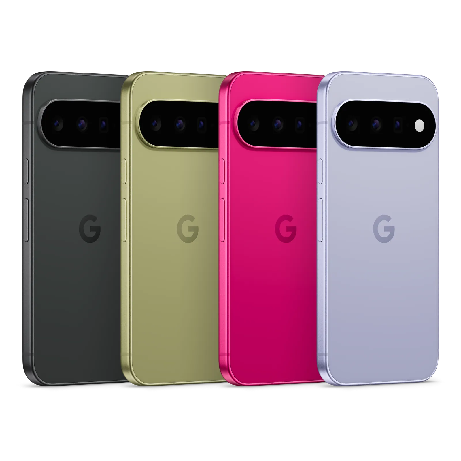 Les quatre coloris officiels du Google Pixel 11 vus de dos avec leur barre photo.