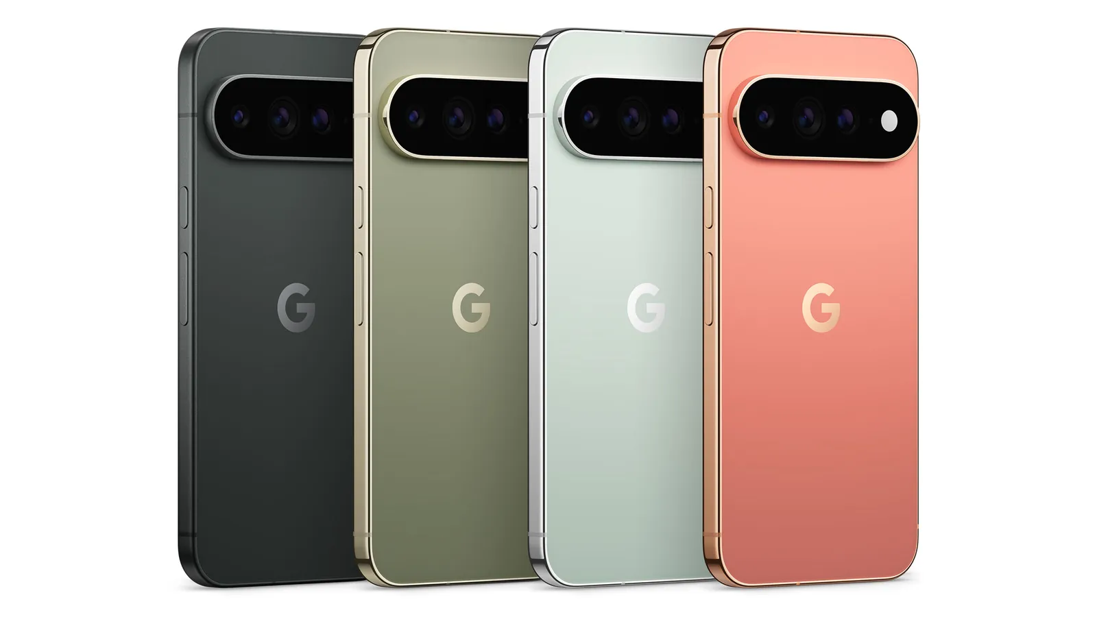 Les quatre finitions officielles des Pixel 11 Pro et Pro XL alignées de dos.