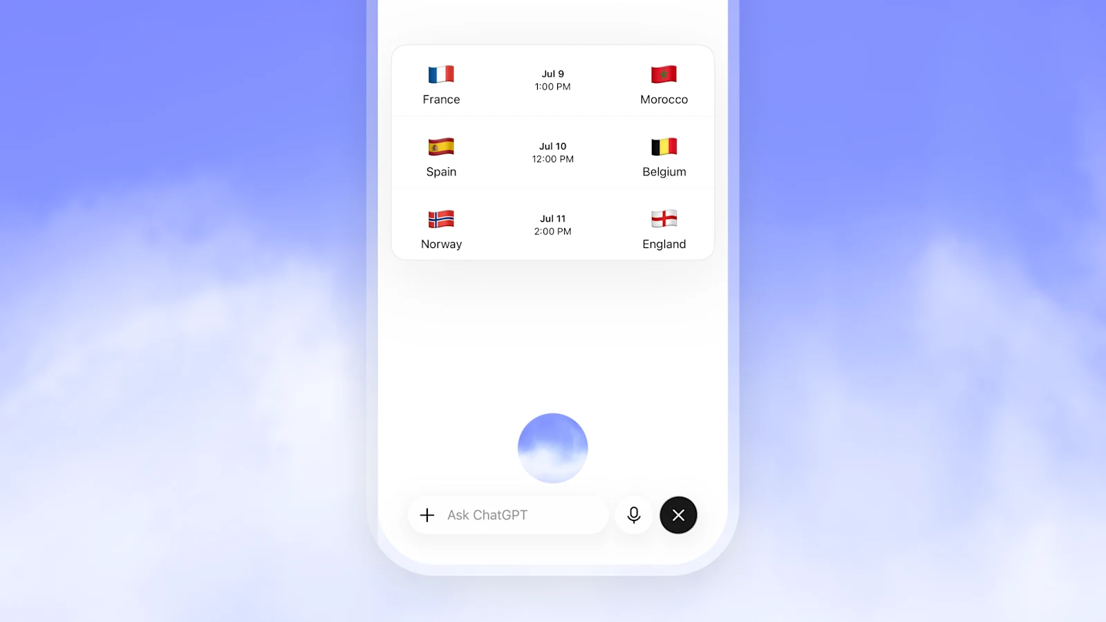 Capture officielle OpenAI de ChatGPT Voix affichant les prochains matchs de football internationaux.