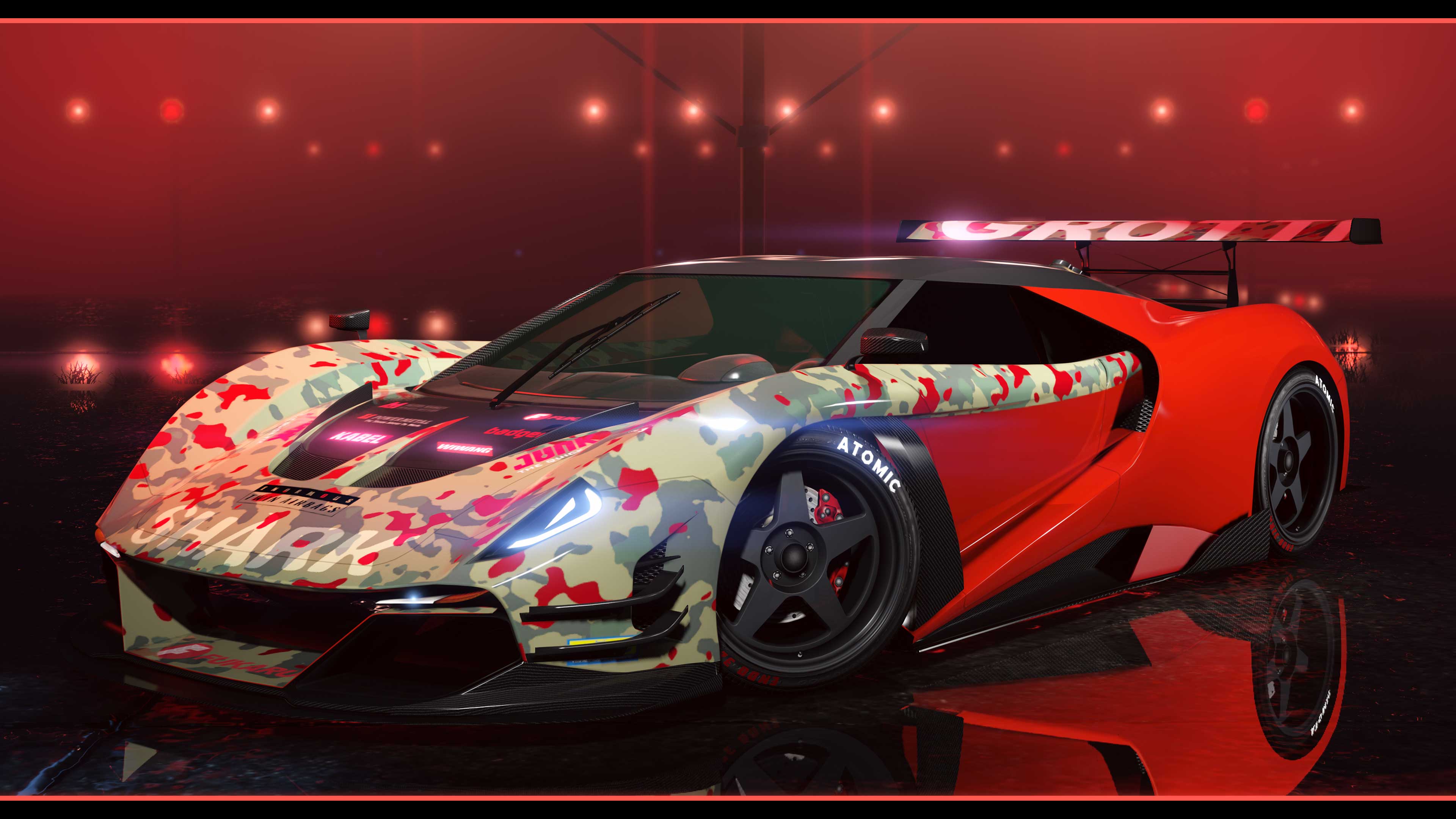 Capture officielle de GTA Online montrant la Grotti Veleno GT rouge exposée au Vinewood Car Club.