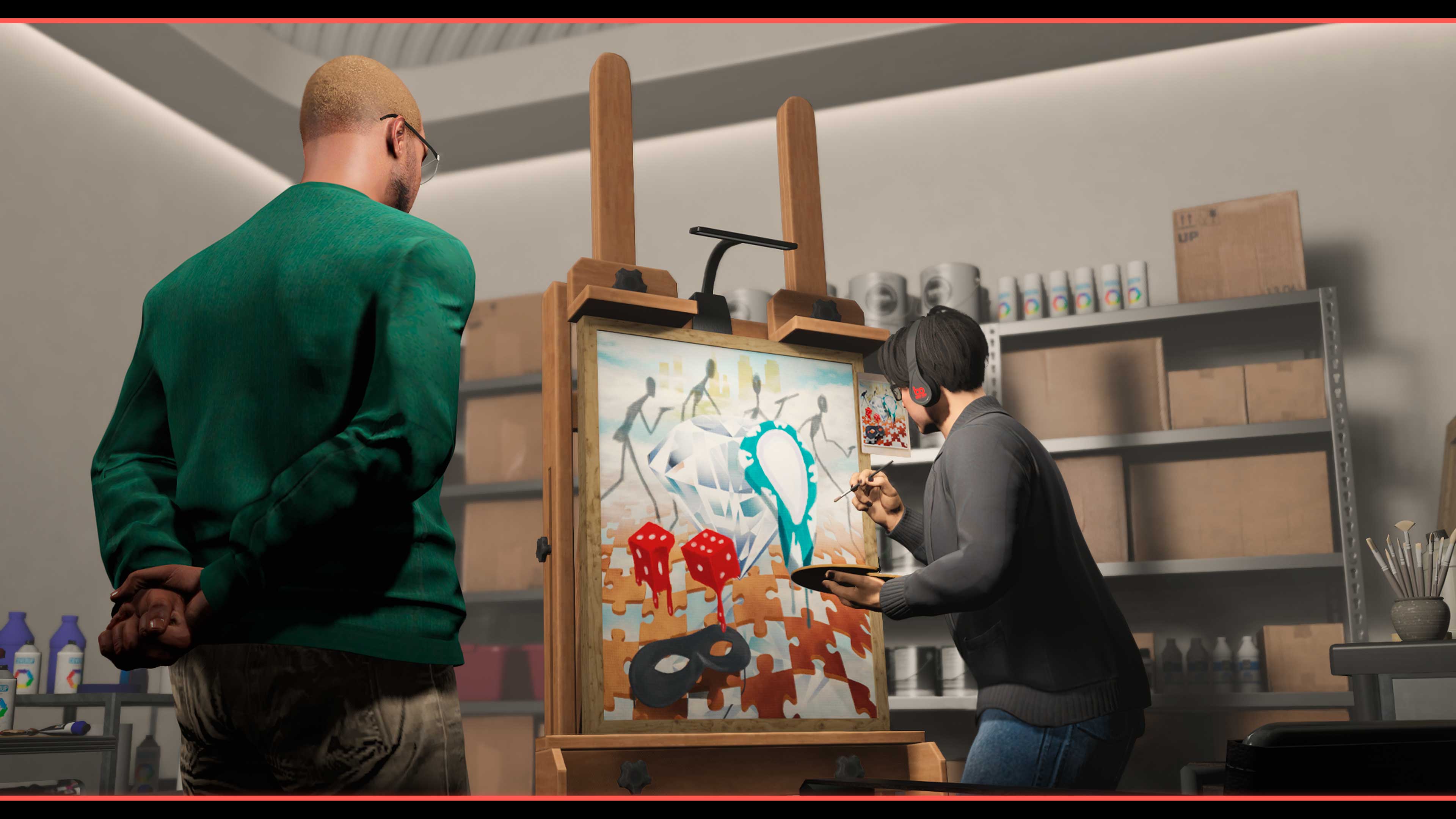 Capture officielle de GTA Online montrant un faussaire en train de peindre dans le Studio d’art d’une Villa.
