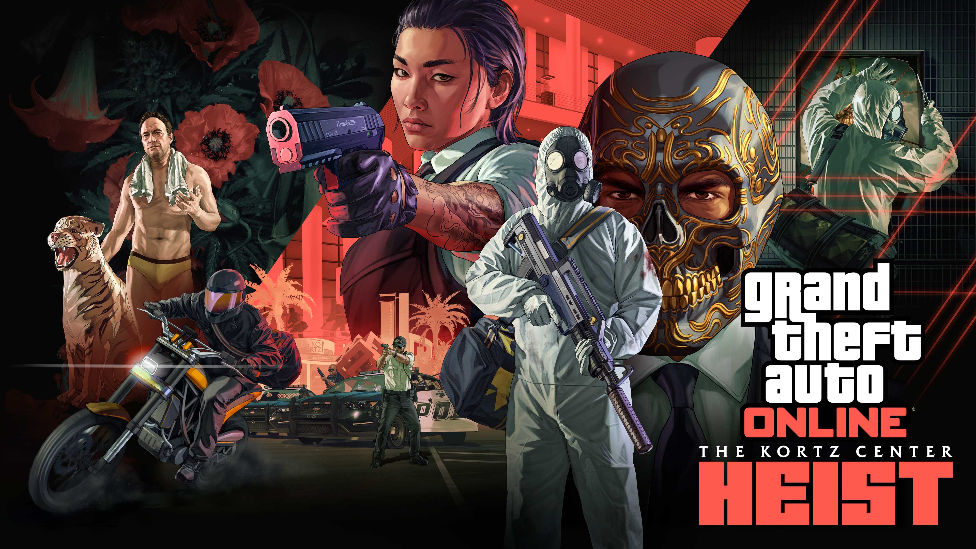 Key art officiel de GTA Online pour le Braquage du Kortz Center, avec les membres de l’équipe et le musée en arrière-plan.