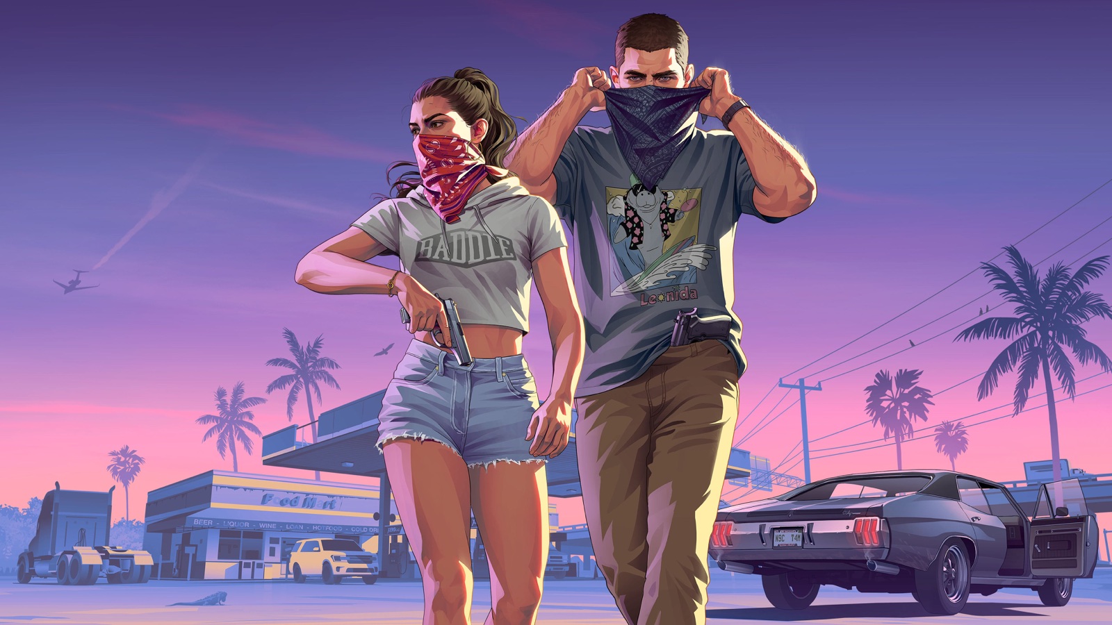 Jason Duval et Lucia Caminos masqués devant une supérette dans le visuel officiel de l’aperçu étendu de GTA VI.