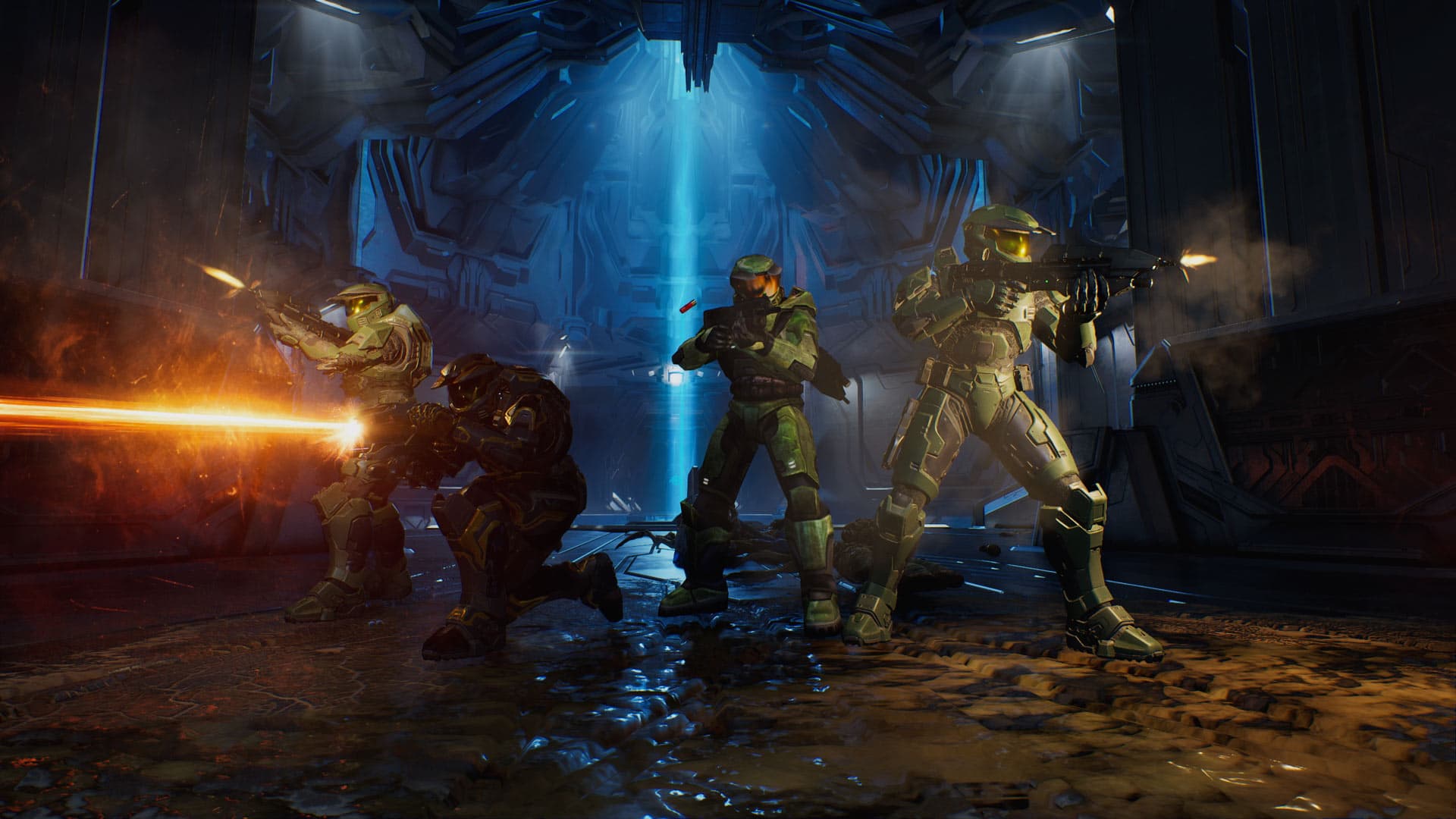Capture officielle de quatre joueurs en coopération dans Halo: Campaign Evolved.