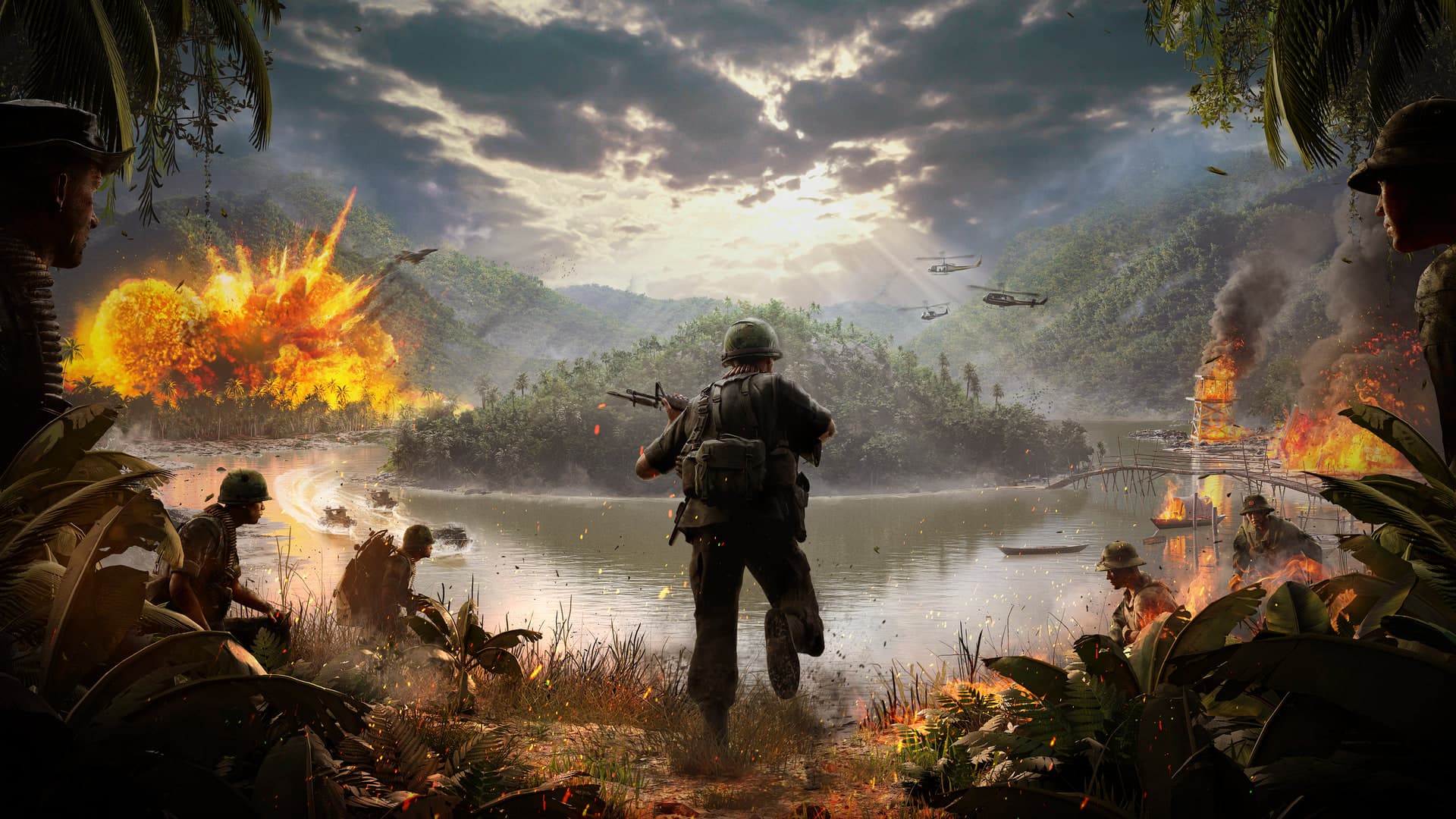 Key art officiel de Hell Let Loose: Vietnam montrant une escouade progressant dans une zone de combat tropicale.
