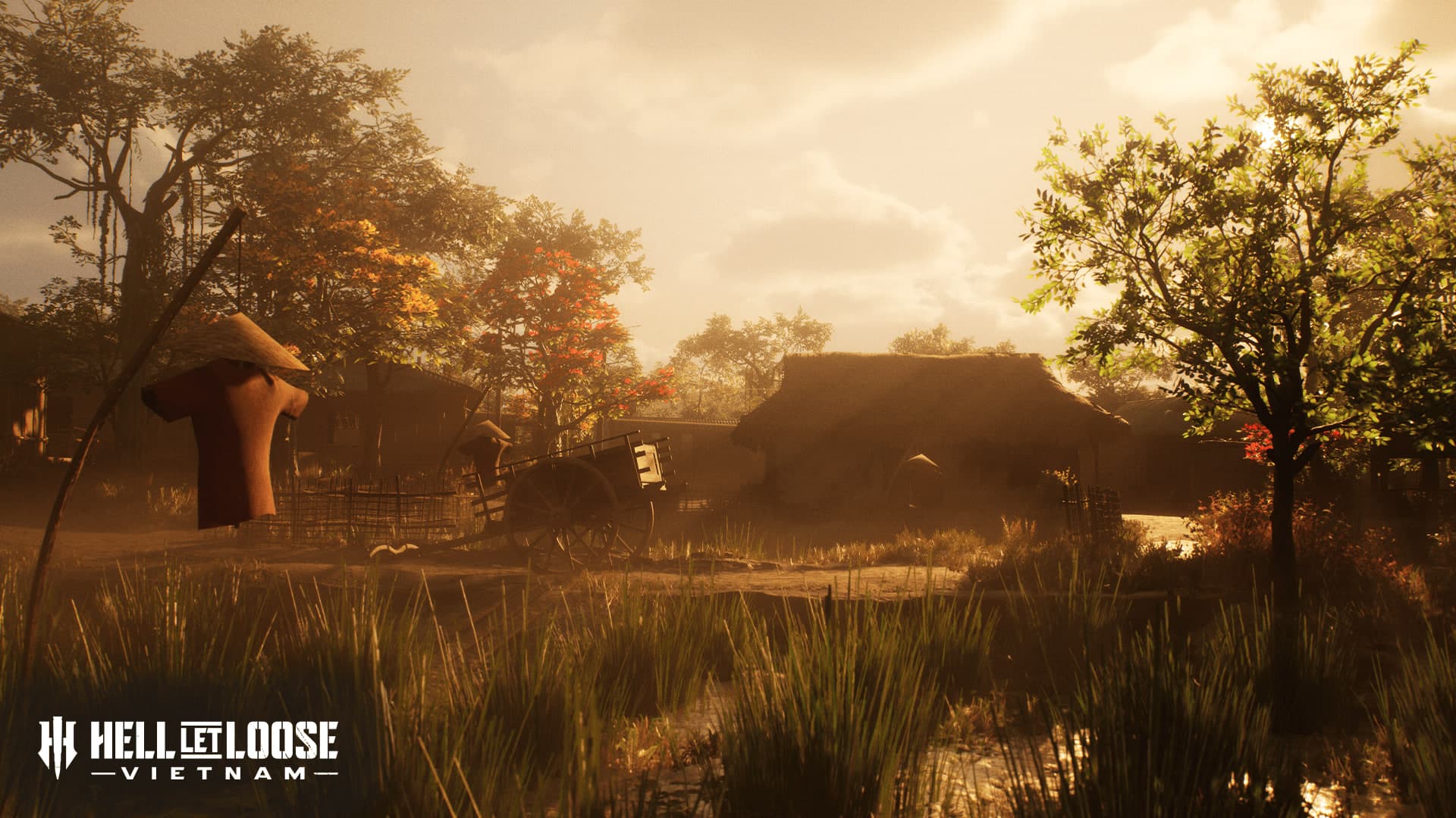 Capture officielle de Hell Let Loose: Vietnam montrant un village rural au coucher du soleil.
