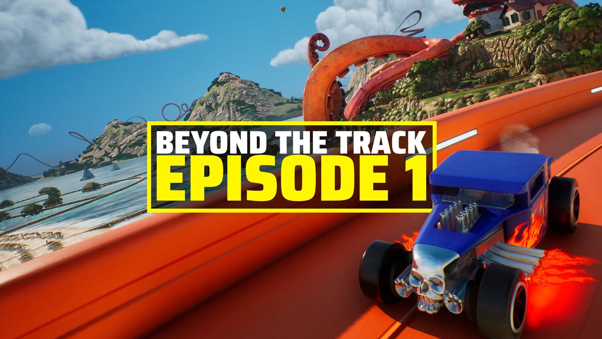 Bone Shaker roule sur une piste orange devant Tentacle Bay dans le visuel officiel Beyond the Track de Hot Wheels Infinite Rush.