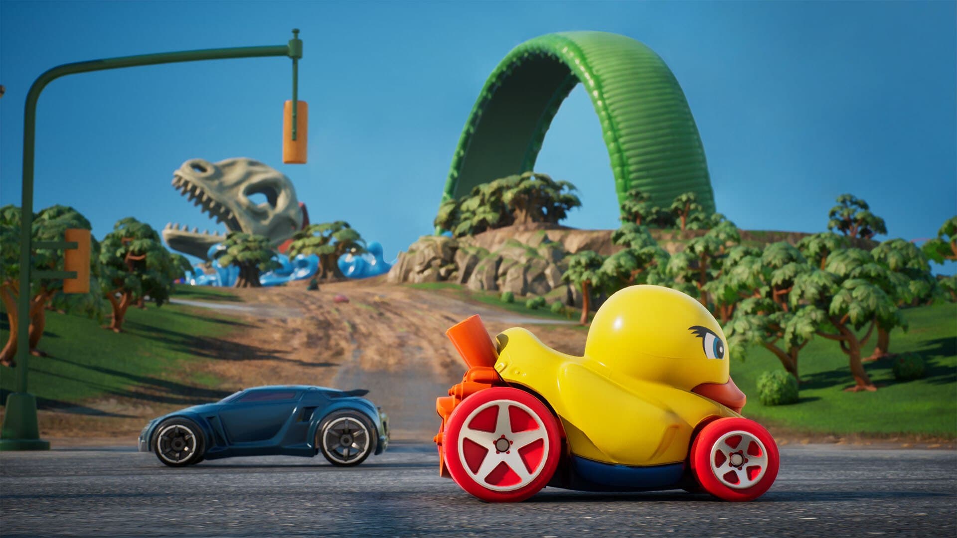 Deux véhicules Hot Wheels de styles très différents roulent devant un circuit et un squelette de dinosaure.