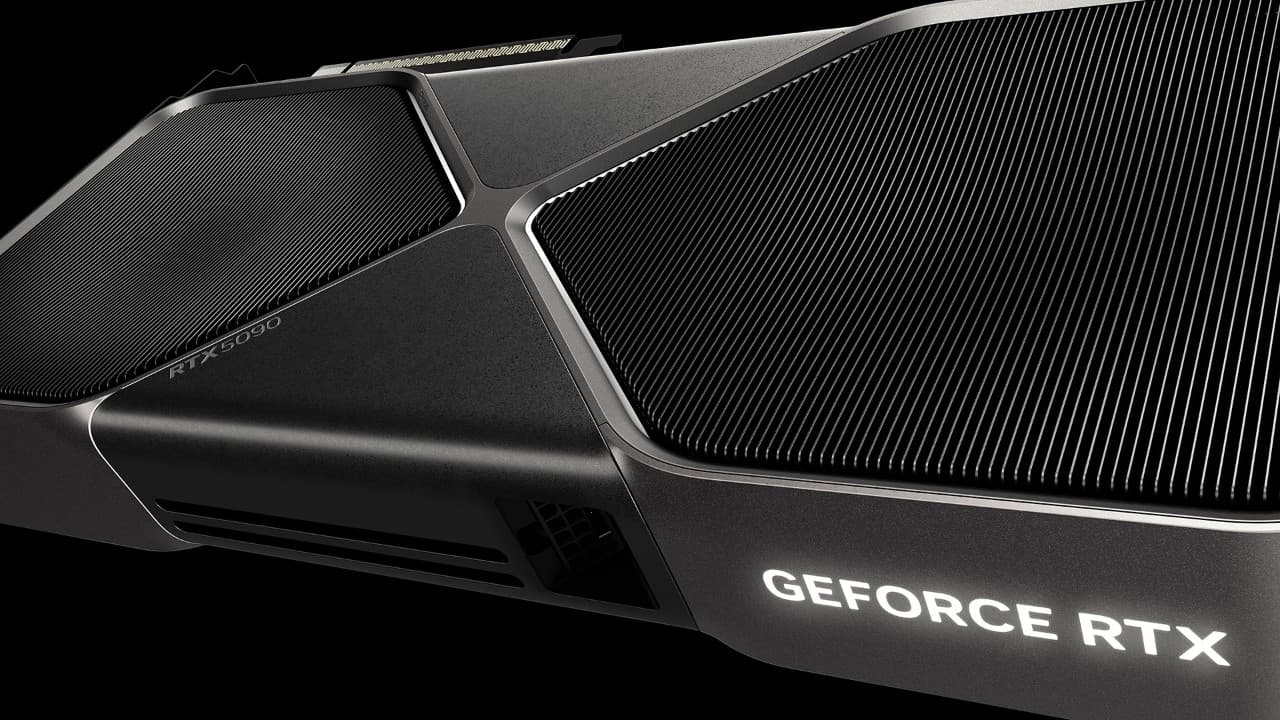 Vue latérale officielle de la GeForce RTX 5090 Founders Edition et de ses ailettes de refroidissement.