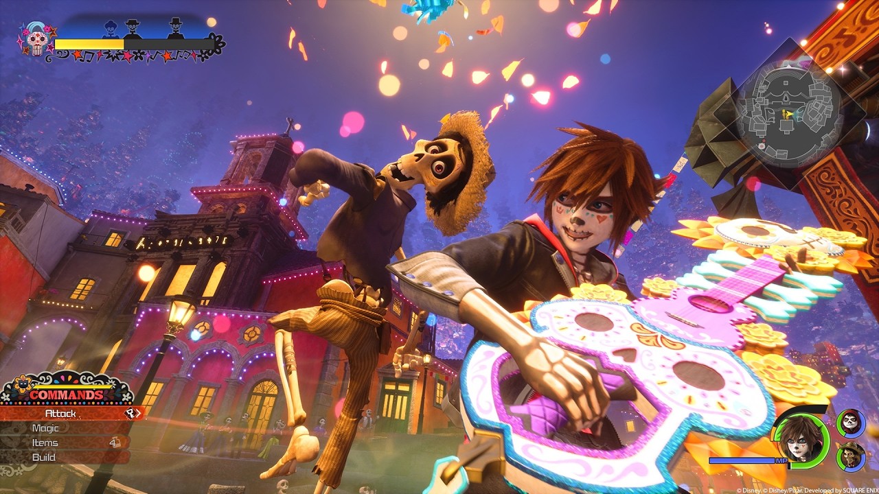 Sora et Hector combattent ensemble dans le monde de Coco montré par Kingdom Hearts IV.
