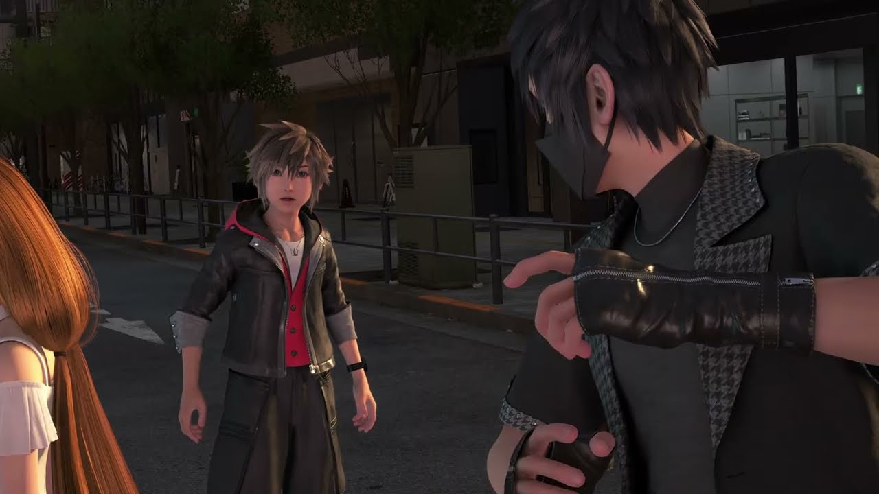 Sora et deux personnages discutent dans une rue réaliste de Quadratum dans Kingdom Hearts IV.