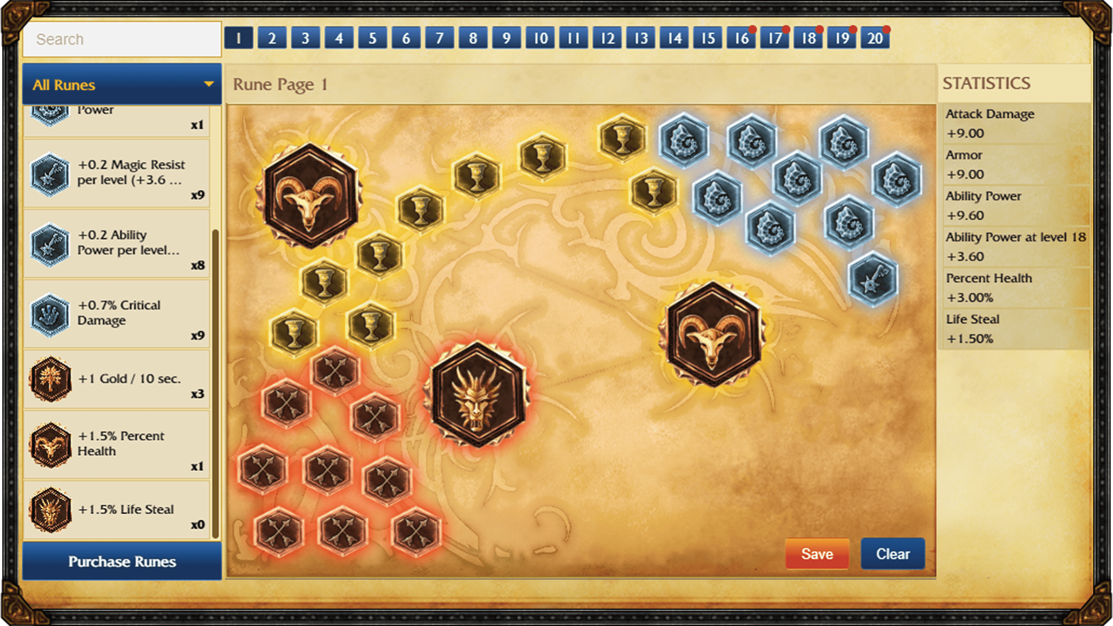Ancienne page de runes de League of Legends Classic avec marques, sceaux, glyphes et quintessences.