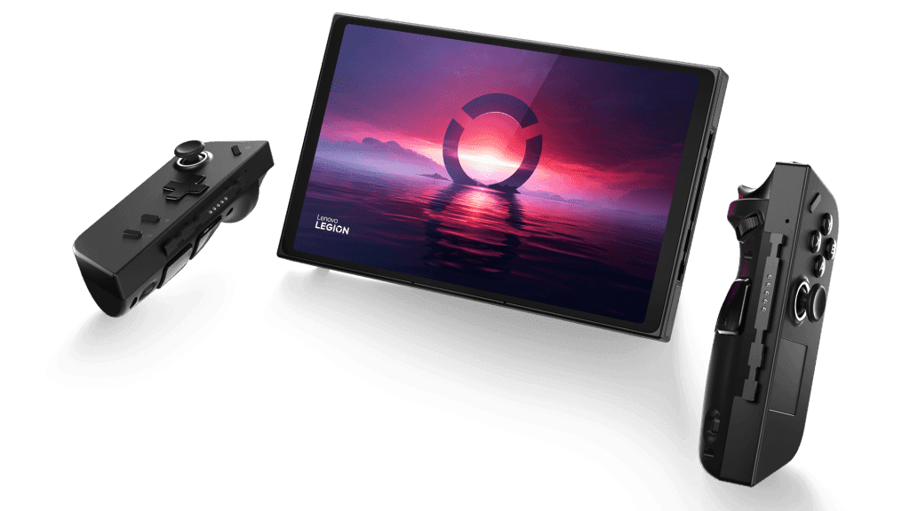 Vue officielle de la Lenovo Legion Go posée sur sa béquille avec ses contrôleurs détachés.