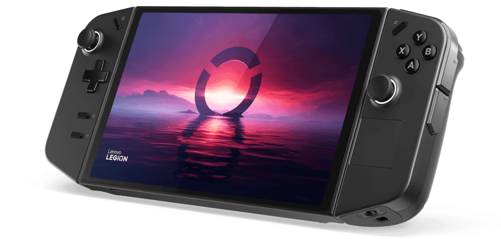 Vue officielle de face de la première Lenovo Legion Go, avec ses deux contrôleurs attachés.