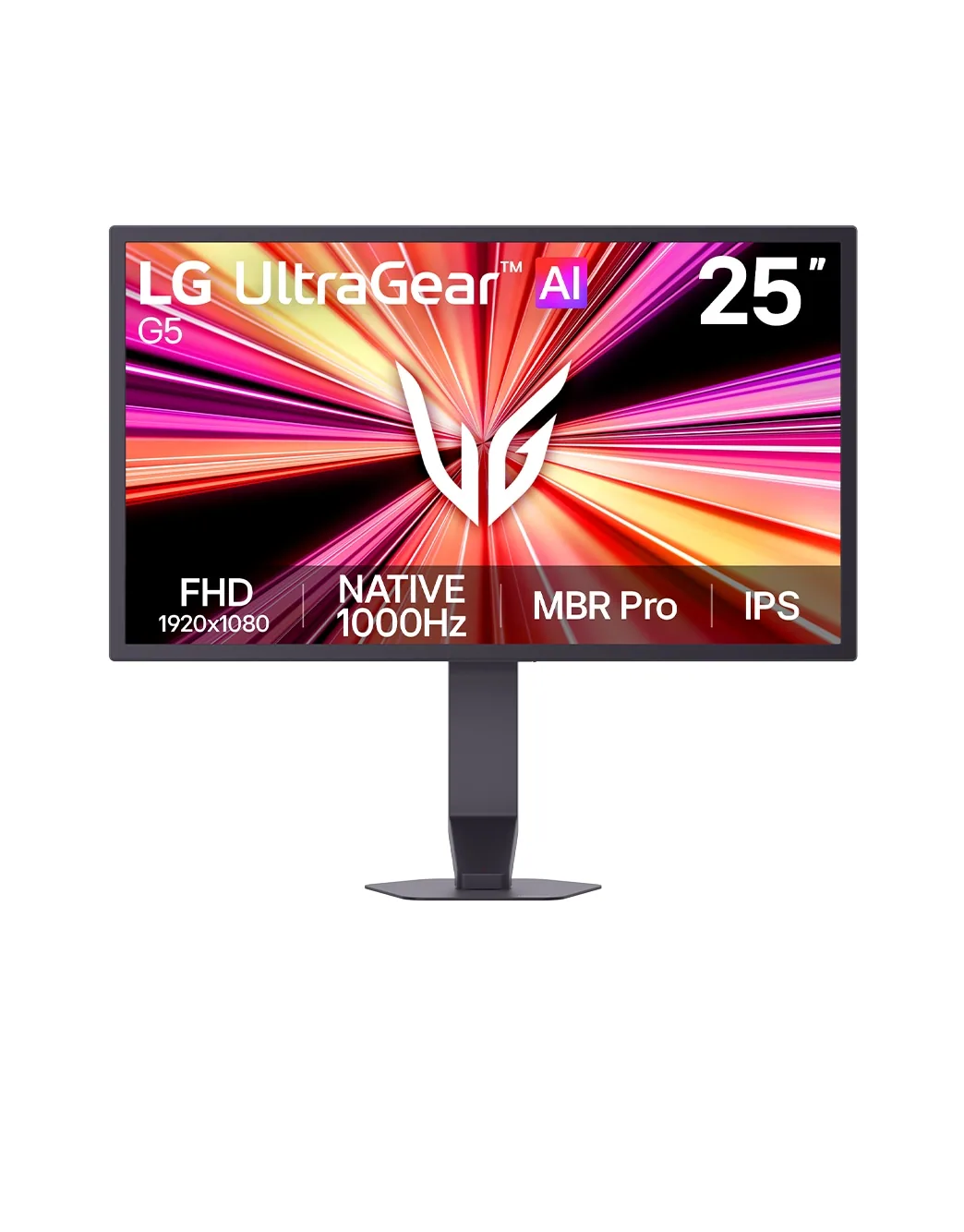 Vue de face officielle du LG UltraGear 25G590B sur fond blanc, avec les mentions Full HD, 1 000 Hz natif, MBR Pro et IPS.
