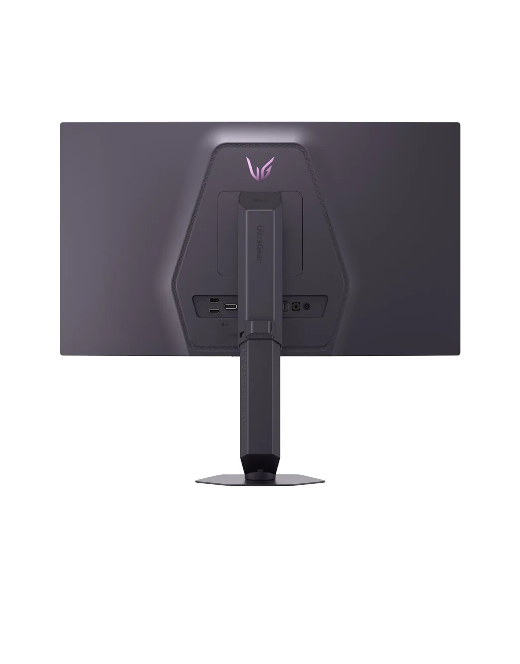 Vue arrière officielle du LG UltraGear 25G590B montrant son pied, son éclairage et la zone de connectique.
