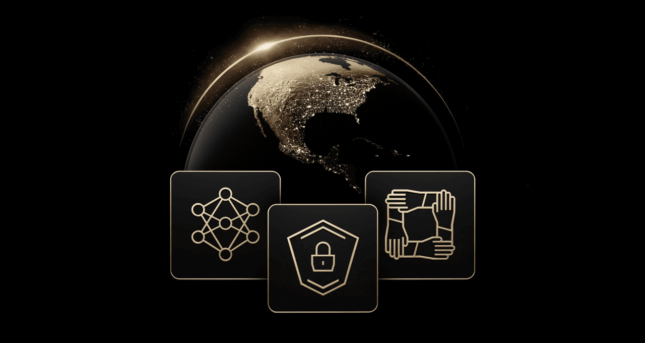 Illustration officielle de l’Open Secure AI Alliance montrant un globe et trois symboles liés à l’intelligence artificielle, à la sécurité et à la coopération.