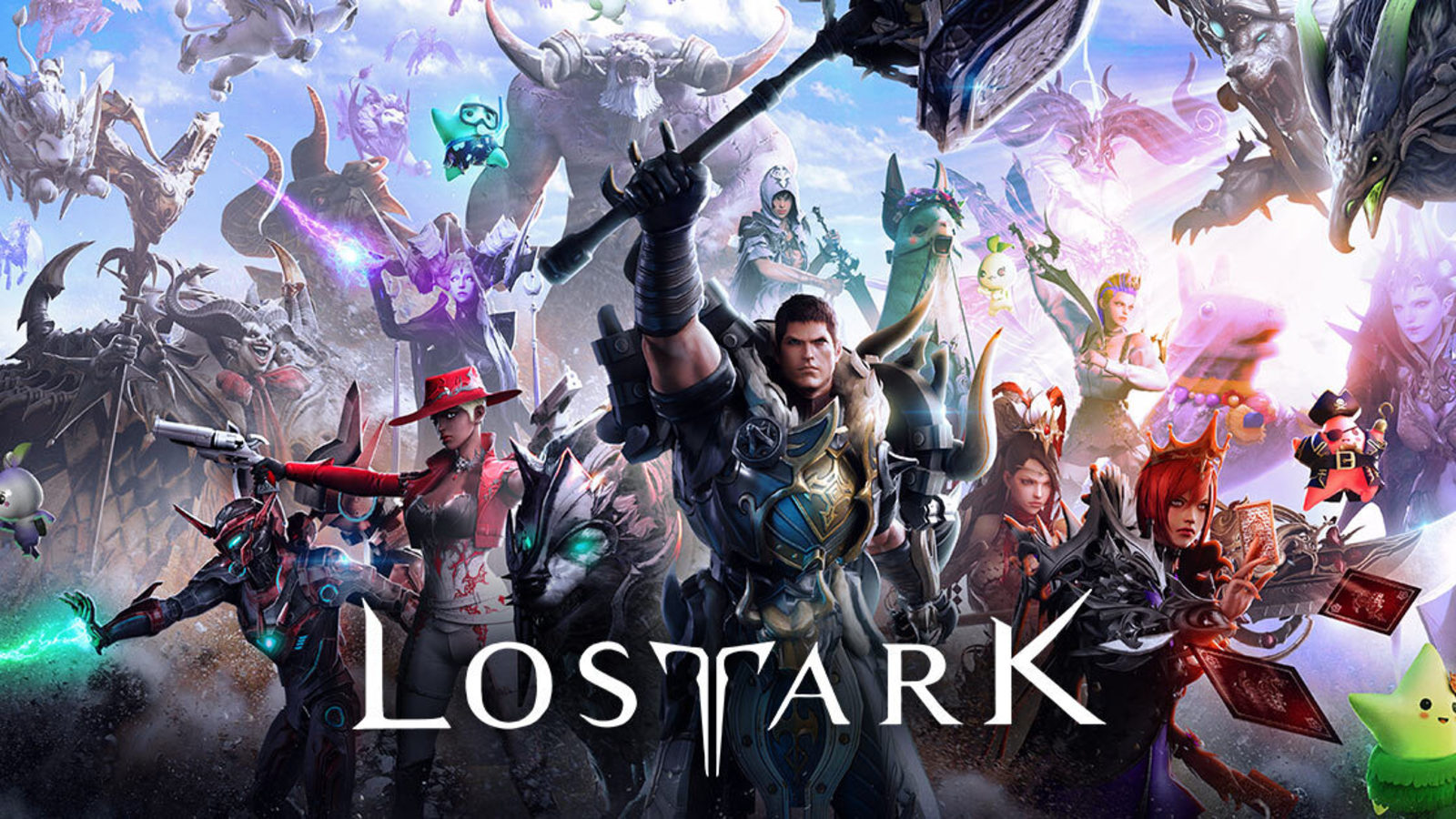 Key art officiel de Lost Ark réunissant plusieurs classes et créatures autour du logo du jeu.