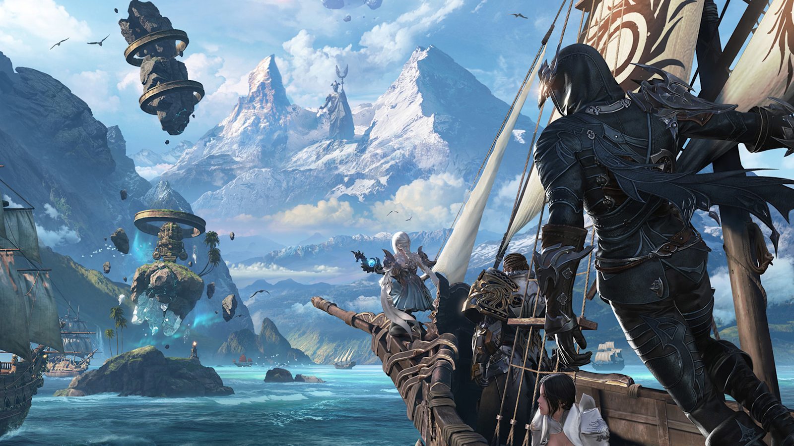 Visuel officiel de Lost Ark montrant plusieurs aventuriers sur un navire face à des îles flottantes.