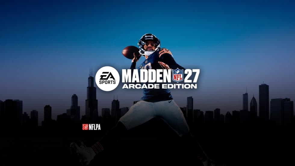 Key art officiel de Madden NFL 27 Arcade Edition avec un joueur des Chicago Bears devant la skyline de Chicago.