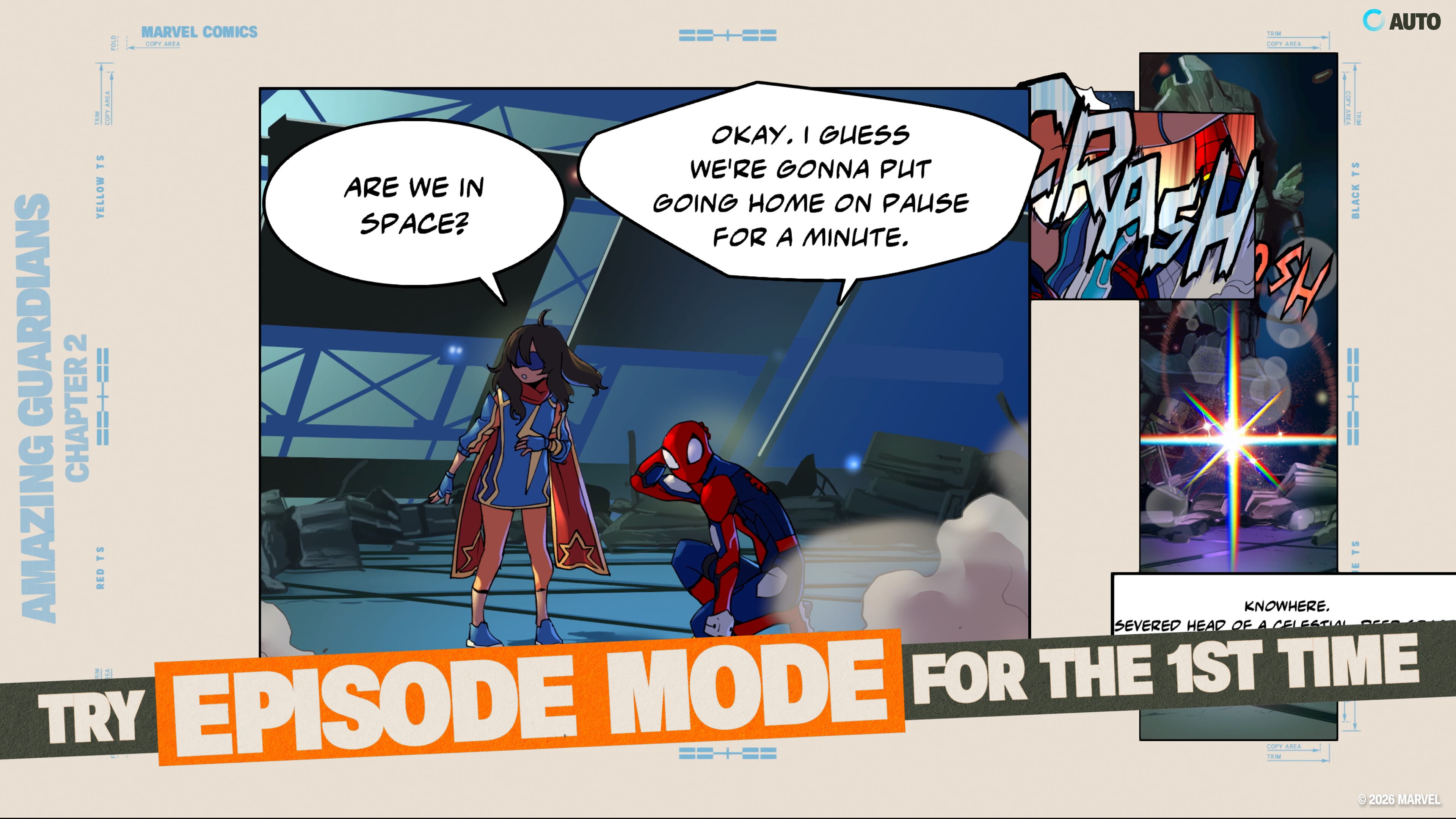 Spider-Man et Ms. Marvel dans une scène en bande dessinée animée du mode Episode de Marvel Tōkon.