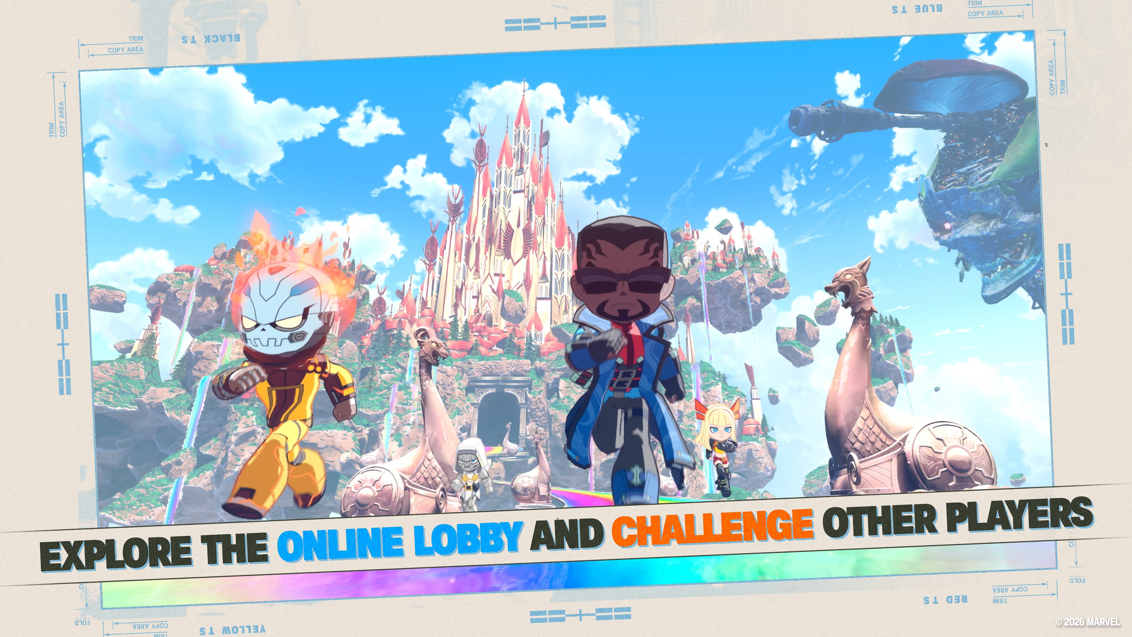 Avatars miniatures explorant le lobby en ligne de Marvel Tōkon devant une arène Marvel.