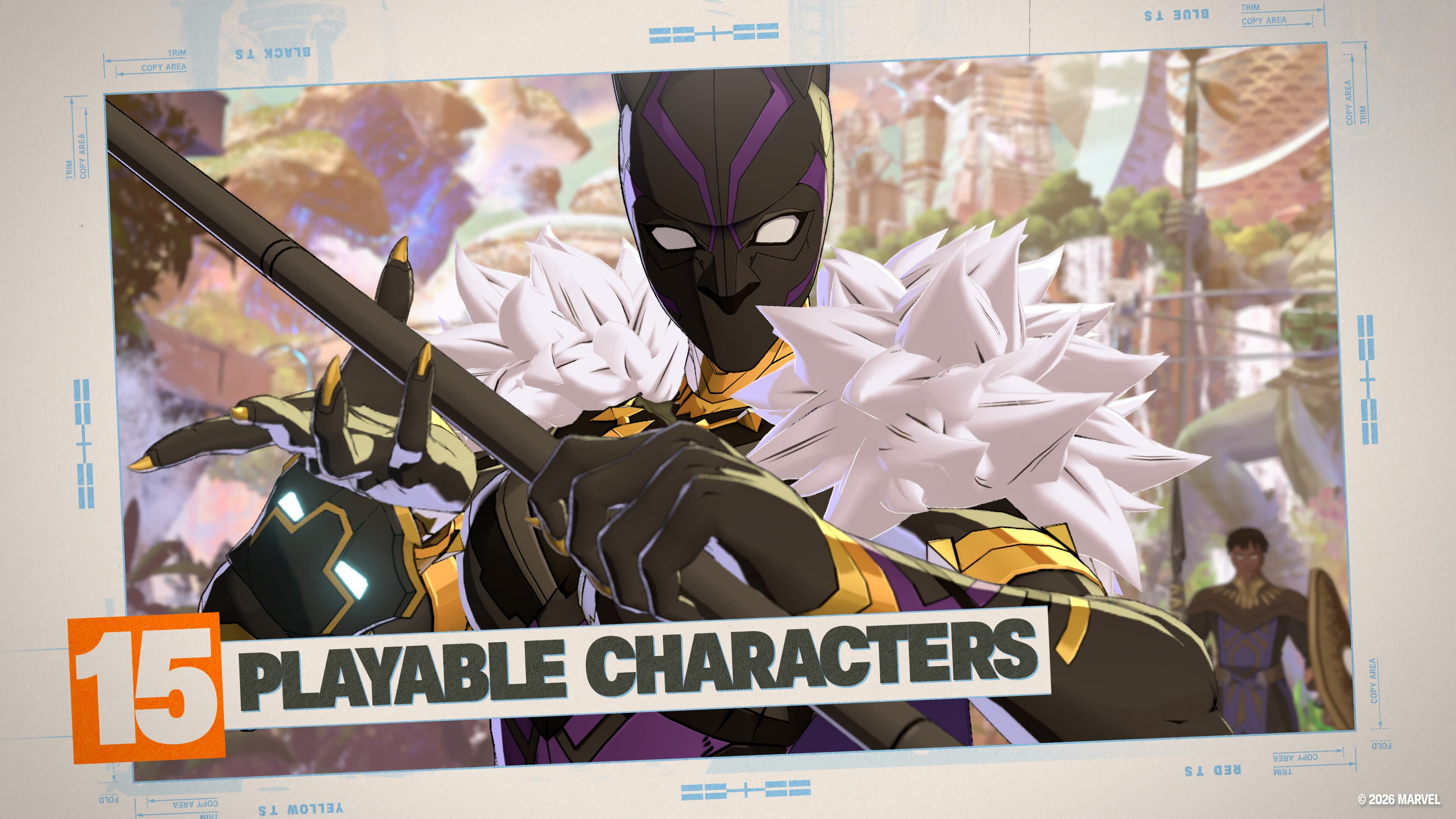 Black Panther devant le texte officiel annonçant quinze personnages jouables dans la bêta de Marvel Tōkon.