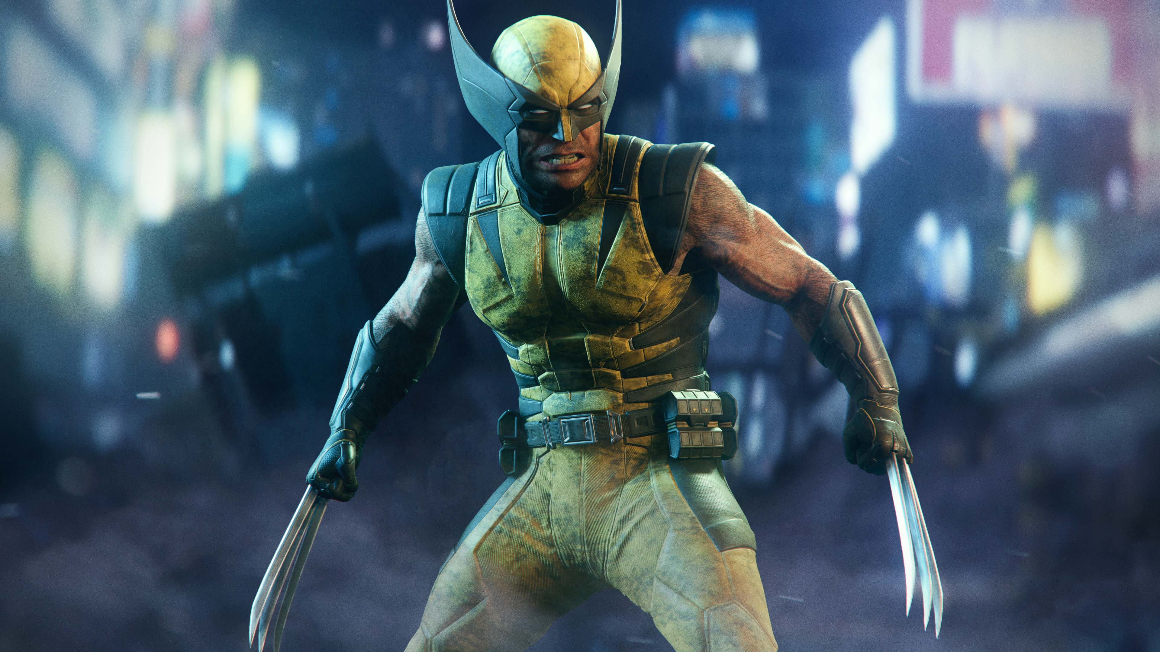 Capture officielle de Marvel’s Wolverine montrant Logan en tenue jaune dans une rue éclairée.