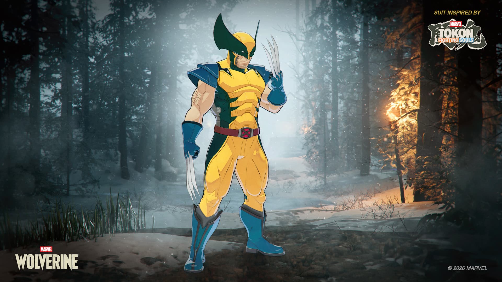Capture officielle de la tenue de Wolverine inspirée par MARVEL Tōkon dans une forêt.