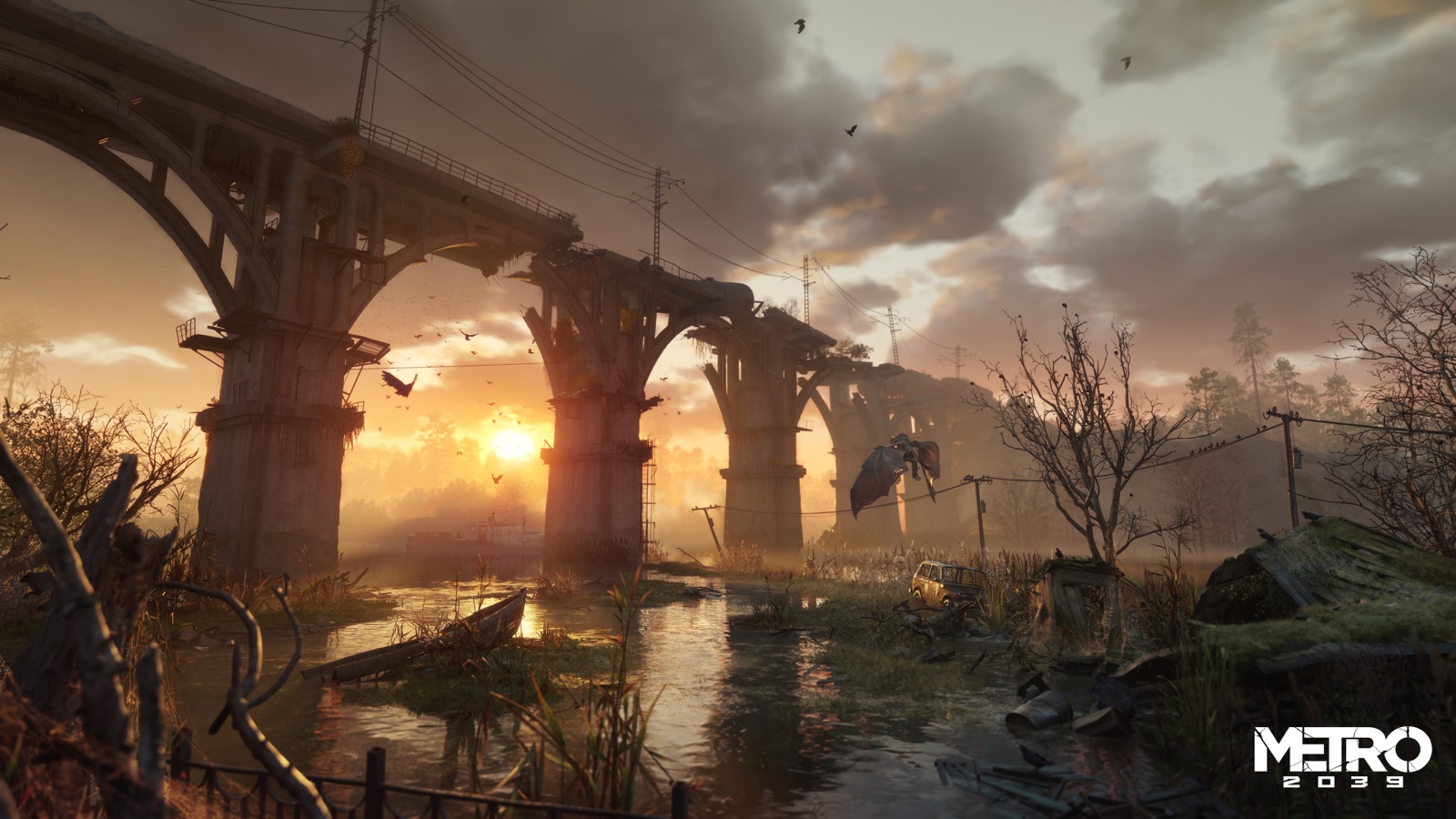 Barrage en ruine et zone inondée de Metro 2039 au coucher du soleil.