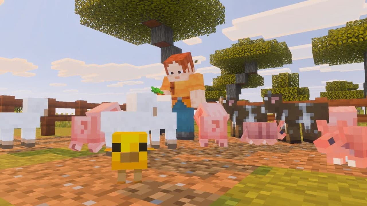 Capture officielle de Minecraft avec Vibrant Visuals montrant Alex entourée de jeunes animaux dans un enclos éclairé par le soleil.