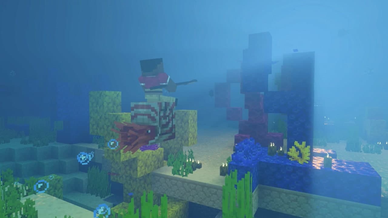 Capture officielle sous-marine de Minecraft avec Vibrant Visuals, montrant un personnage sur un nautile dans une lumière bleue volumétrique.