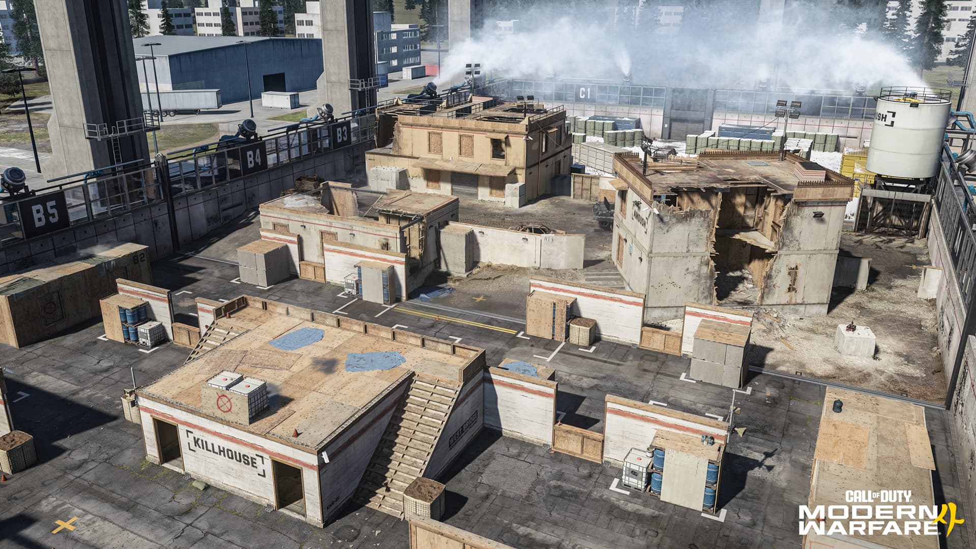Vue en hauteur d’un assemblage Kill Block réunissant plusieurs environnements d’entraînement modulaires.