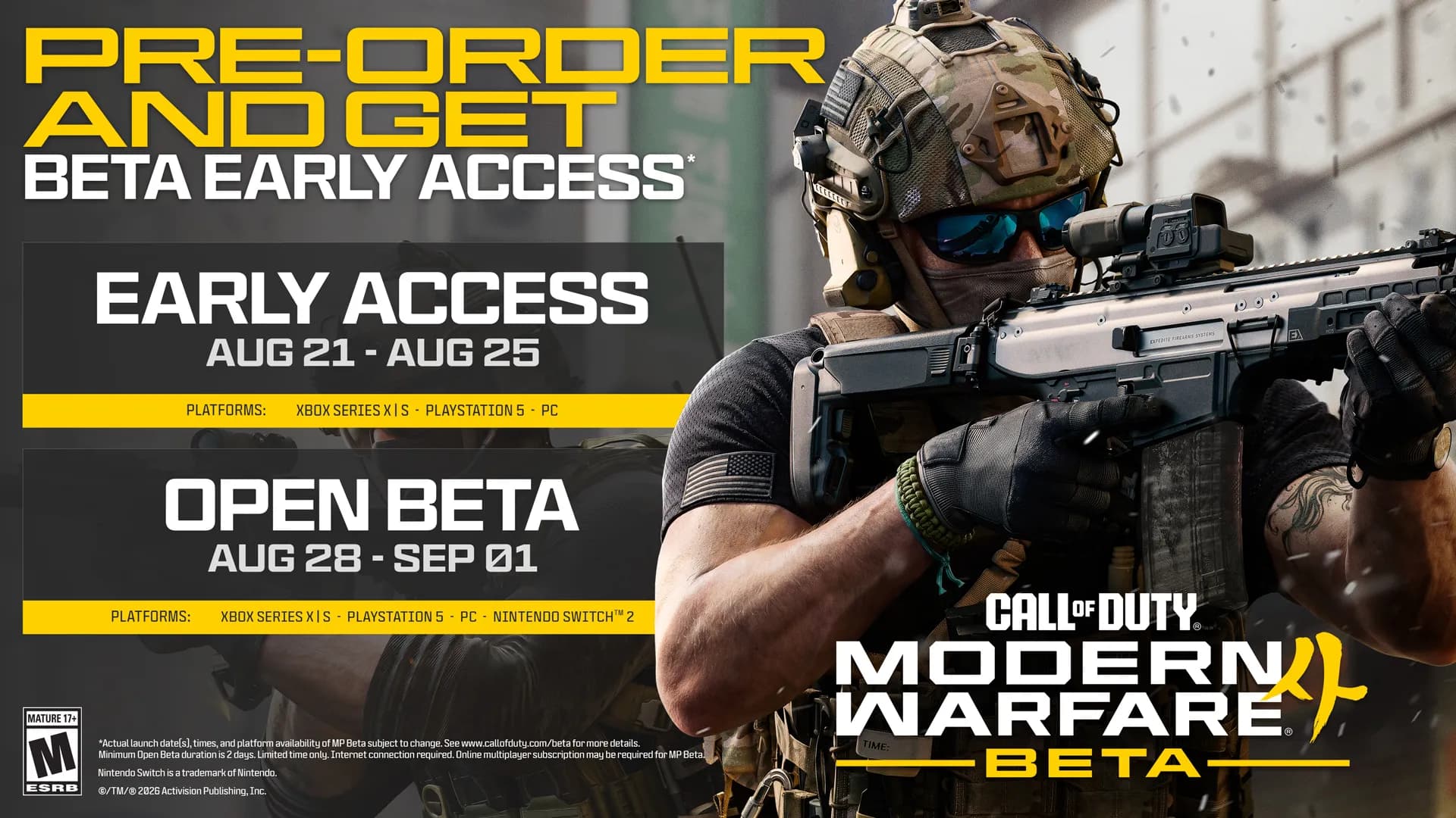 Calendrier officiel de la bêta de Modern Warfare 4 avec les dates et plateformes de chaque phase.