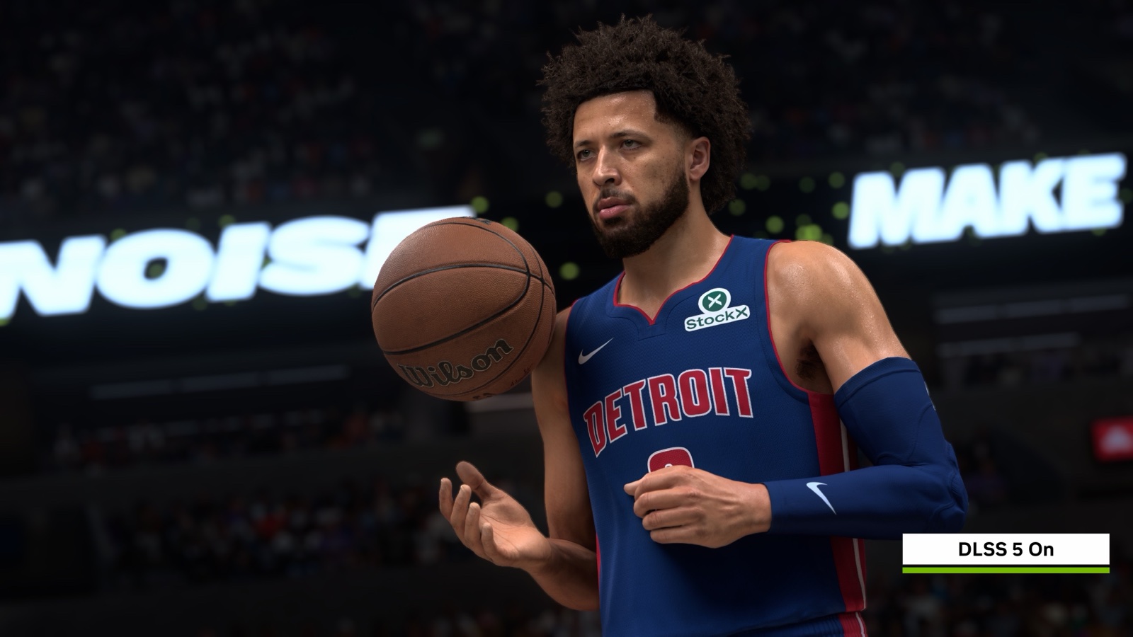 Cade Cunningham tient un ballon dans NBA 2K27 avec le rendu DLSS 5 activé, selon la comparaison officielle de NVIDIA.