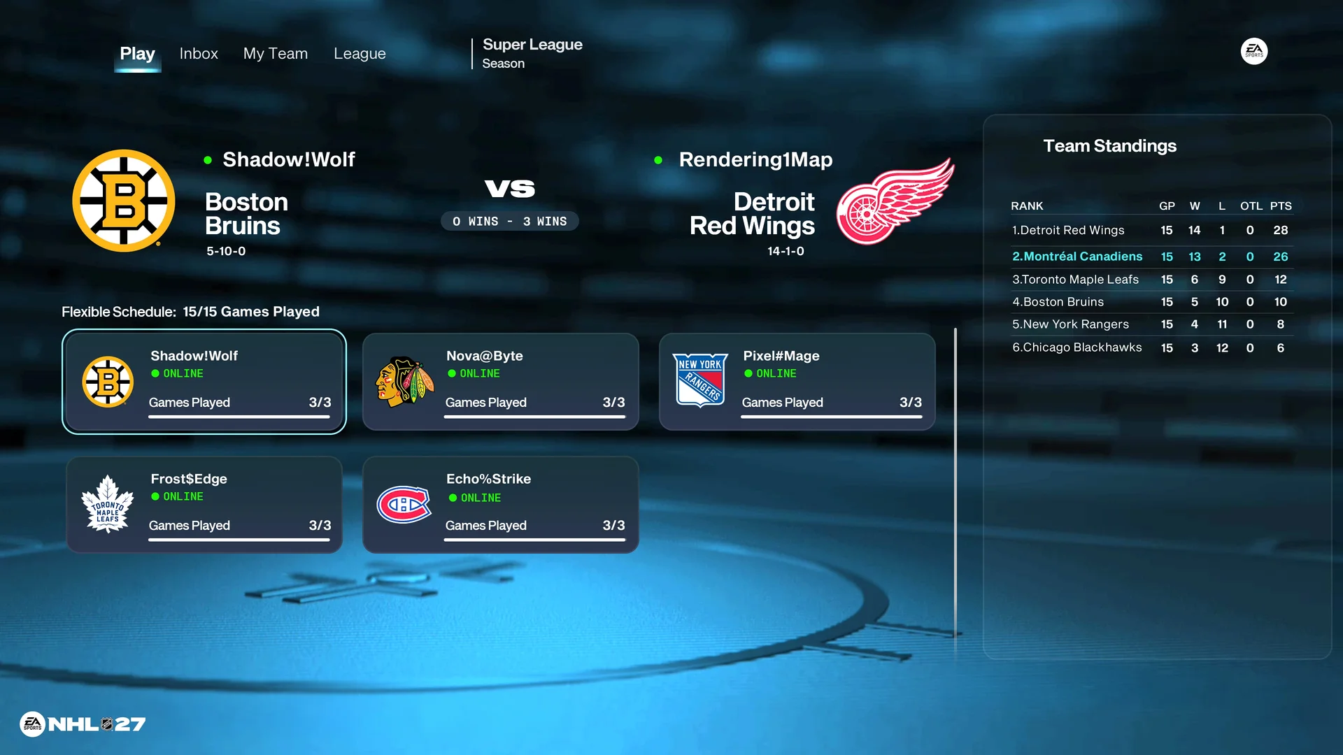 Menu officiel du mode Franchise connecté de NHL 27 affichant calendrier, classement et membres en ligne.