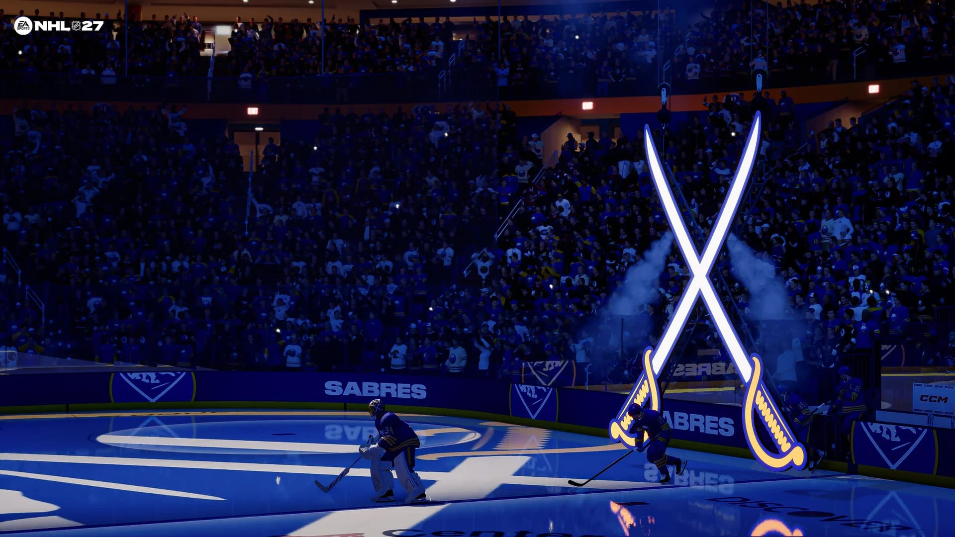 Entrée des Buffalo Sabres avec éclairage bleu, fumée et sabres lumineux dans NHL 27.
