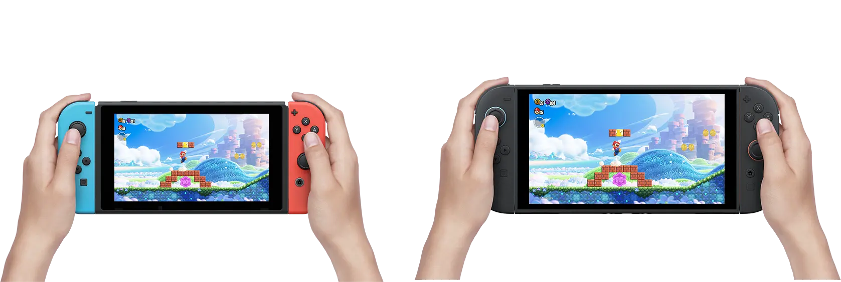 Comparaison officielle entre une Nintendo Switch et une Nintendo Switch 2 faisant fonctionner le même jeu.
