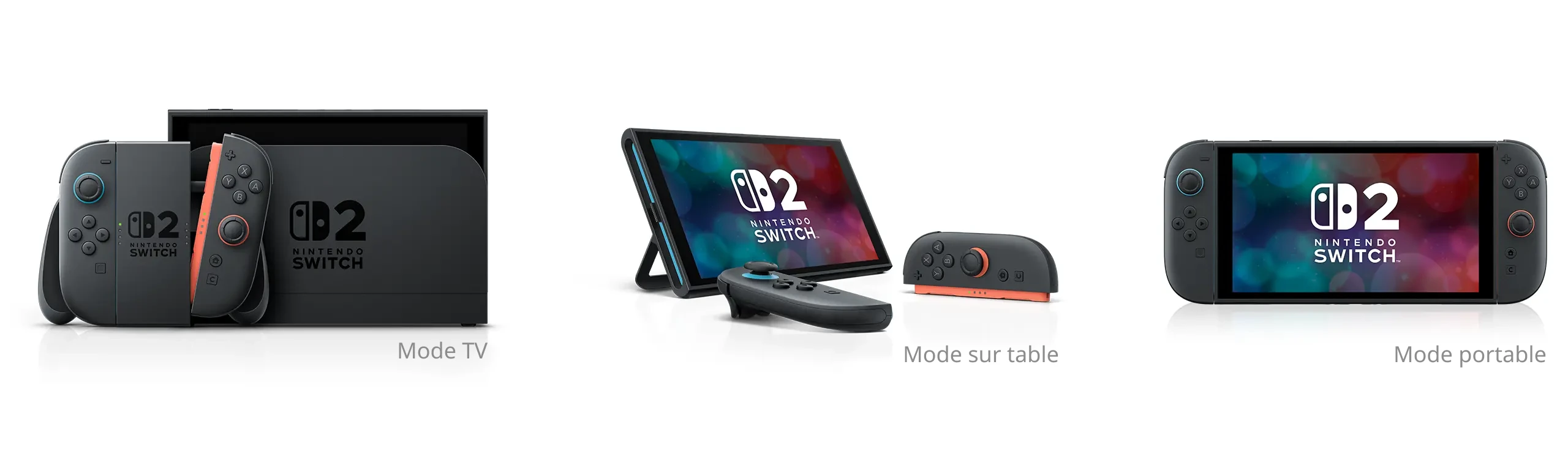 Les trois modes officiels de la Nintendo Switch 2 : téléviseur, sur table et portable.