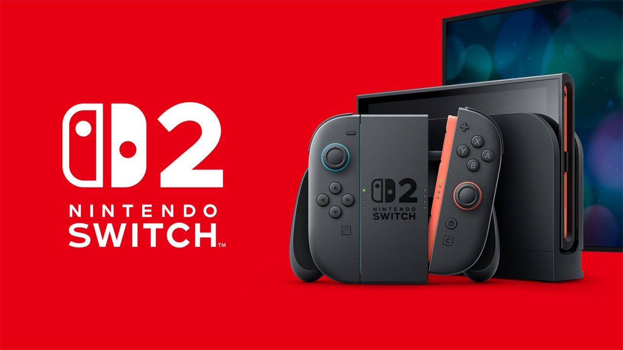 Visuel officiel de la Nintendo Switch 2 avec sa station d’accueil et ses manettes Joy-Con 2.