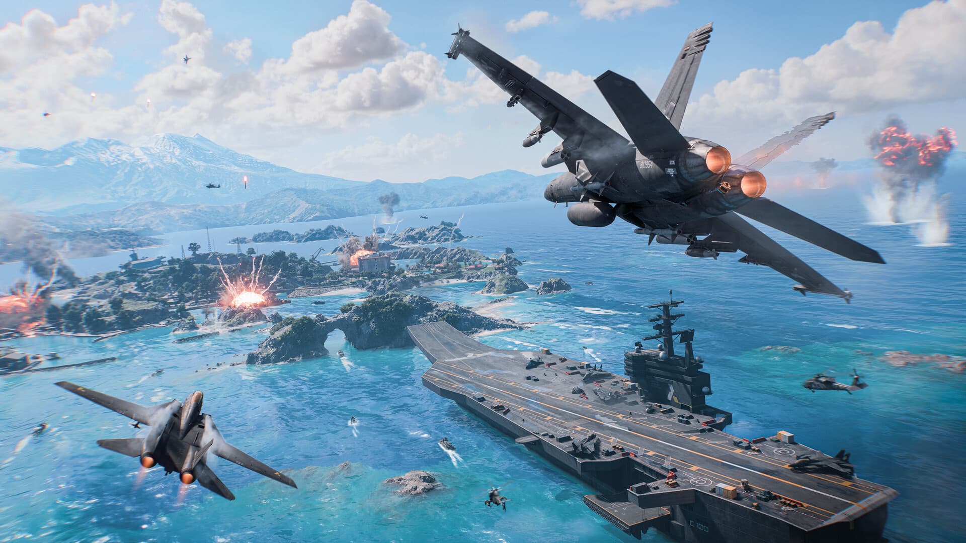 Capture officielle de Battlefield 6 montrant des avions au-dessus d’une carte navale et d’un porte-avions.