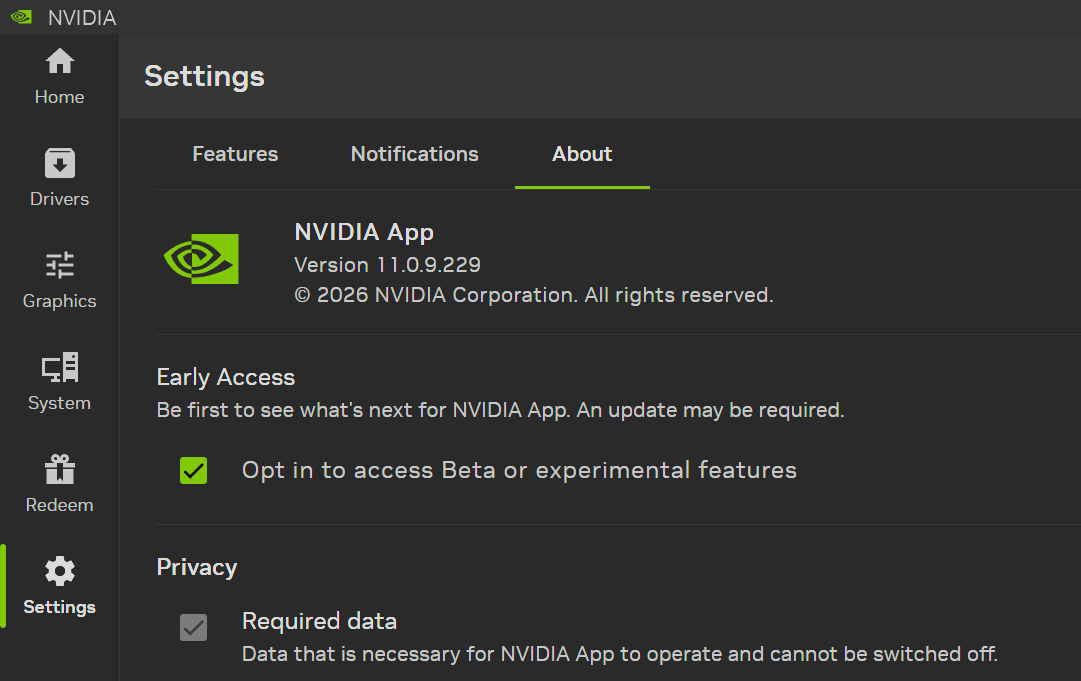 Capture officielle des paramètres de NVIDIA App montrant la case d’activation des fonctions Early Access.