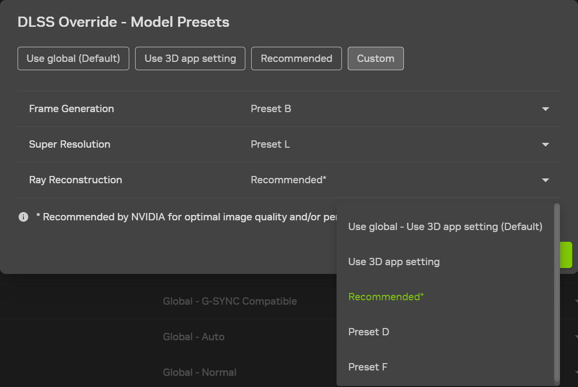 Capture officielle du menu DLSS Override de NVIDIA App avec les choix Recommandé et Preset F pour Ray Reconstruction.