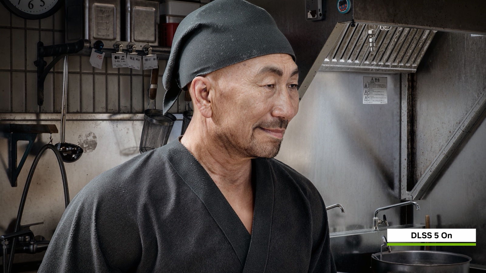 Chef de ramen dans une démonstration NVIDIA avec DLSS 5 activé pour renforcer l’éclairage de la peau et les ombres de contact.