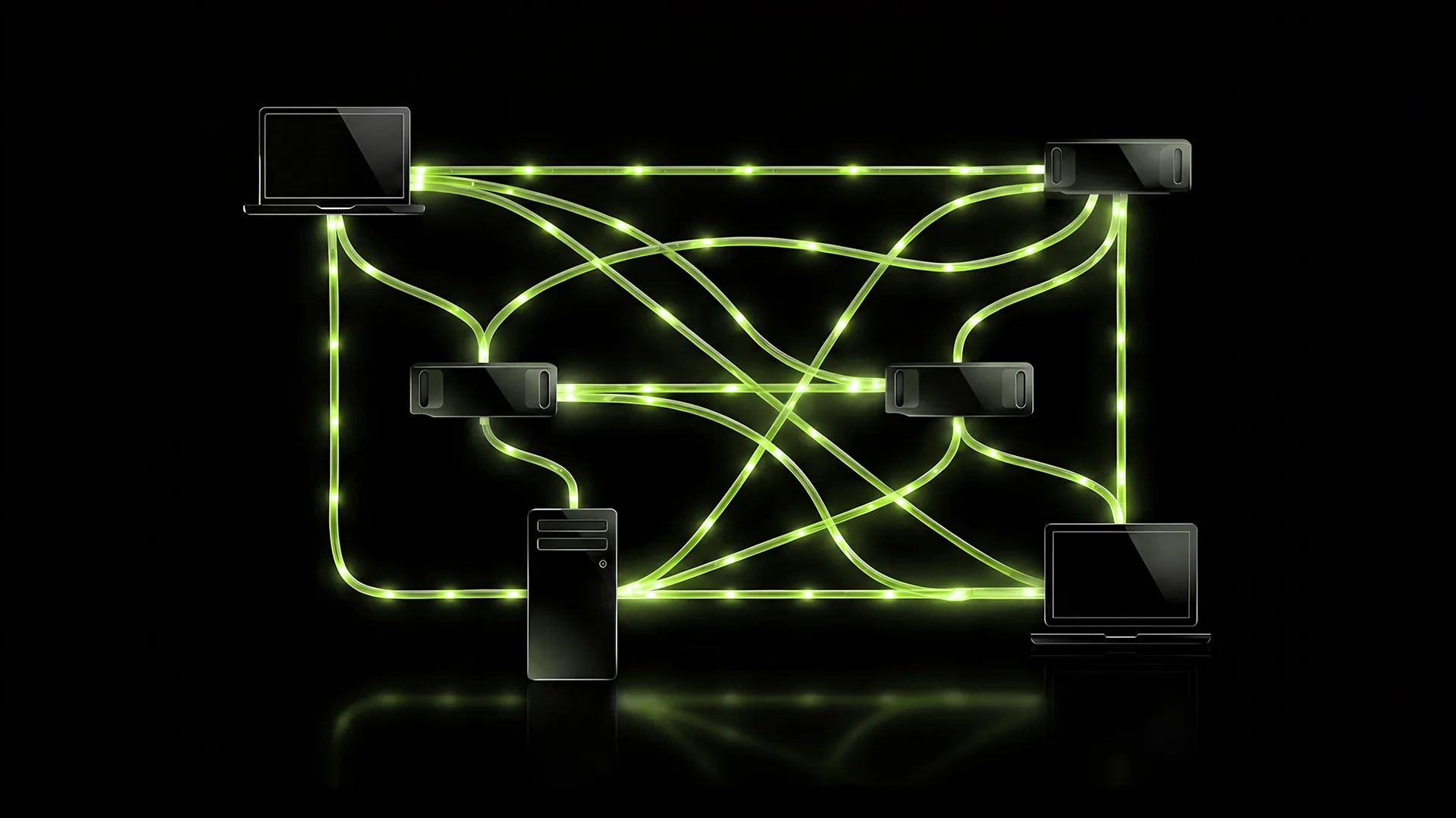 Plusieurs ordinateurs reliés par des câbles verts dans le visuel officiel de NVIDIA PAIR.
