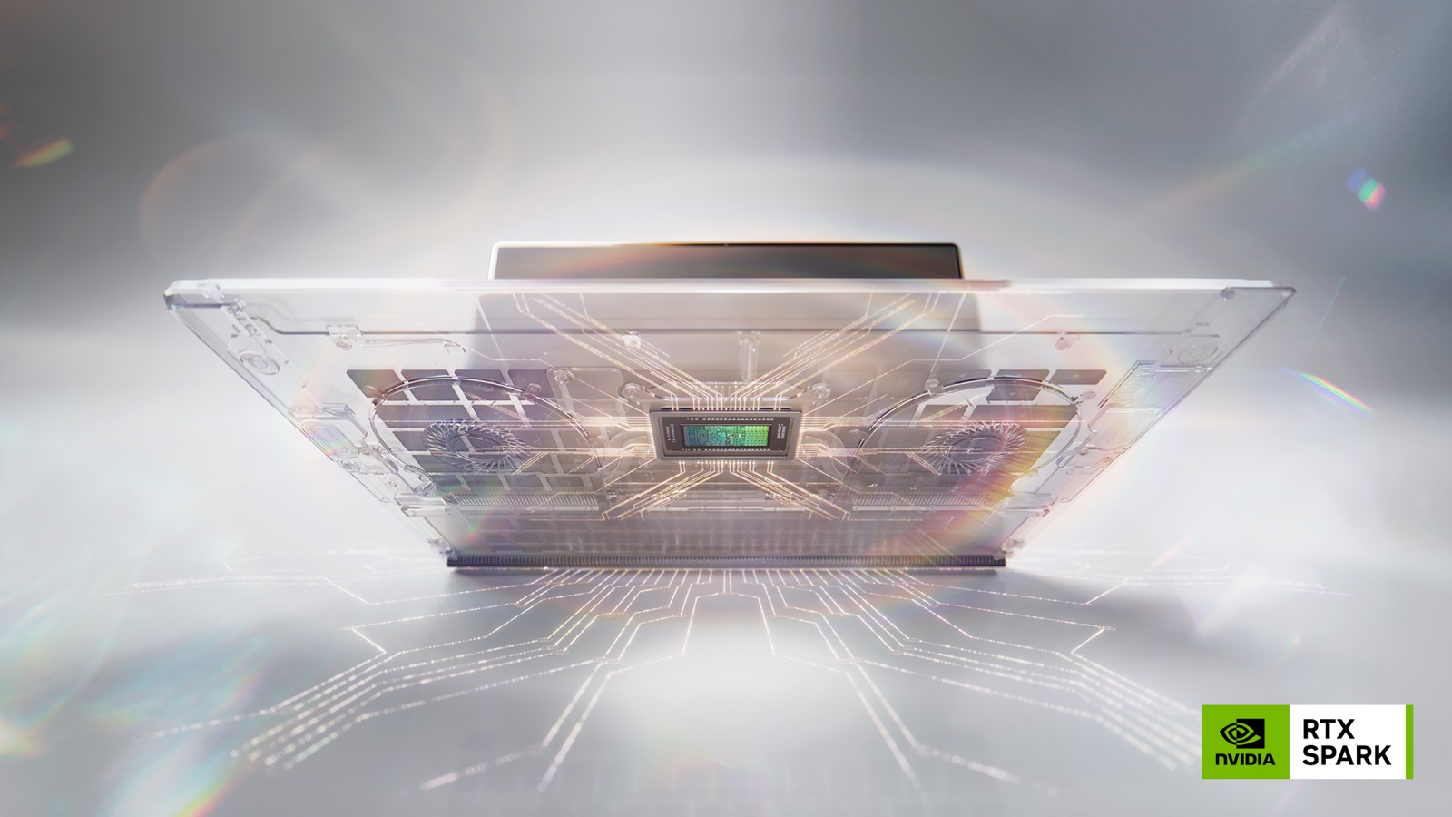 Concept officiel NVIDIA montrant une puce RTX Spark au centre d’un ordinateur portable transparent.