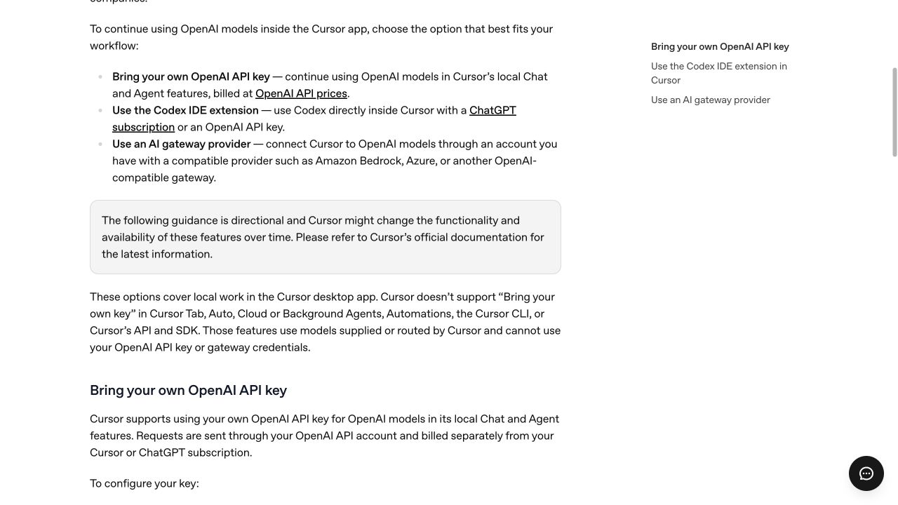 Extrait du guide OpenAI listant les limites de la clé API personnelle dans Cursor, notamment pour Tab, Auto, les agents cloud et la ligne de commande.