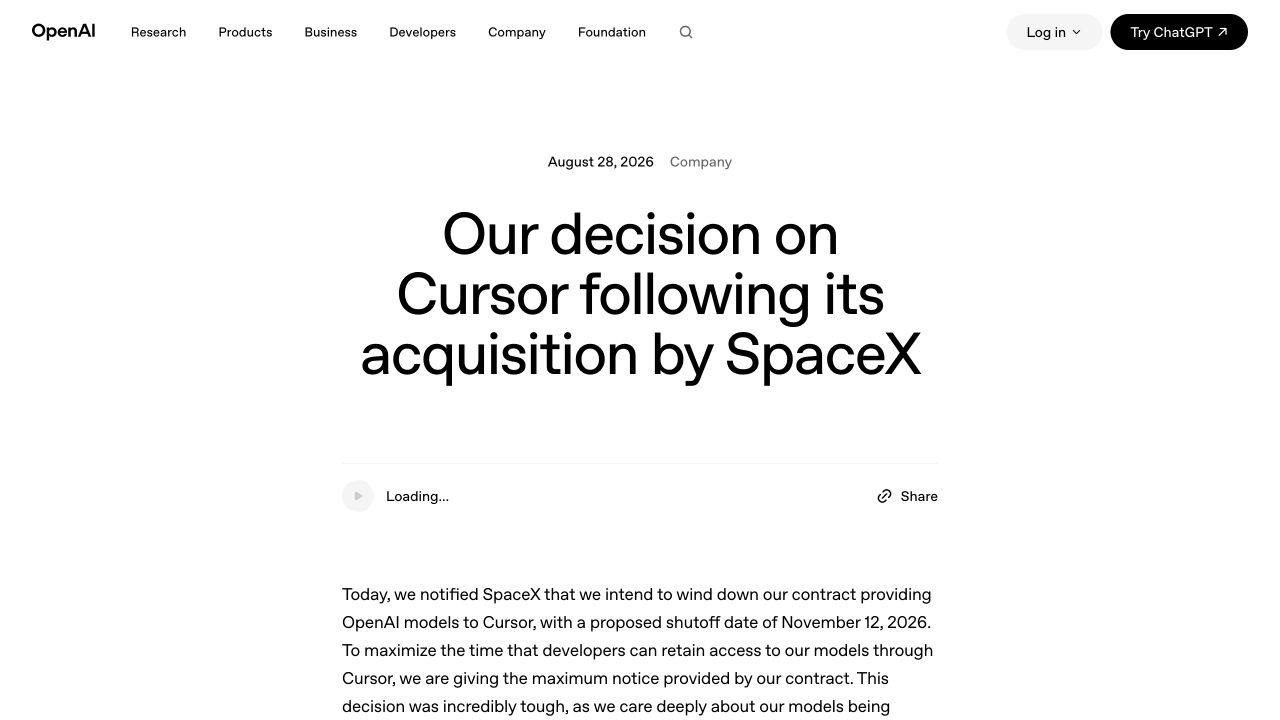 Page officielle d’OpenAI datée du 28 août 2026 et consacrée à sa décision concernant Cursor et SpaceX.
